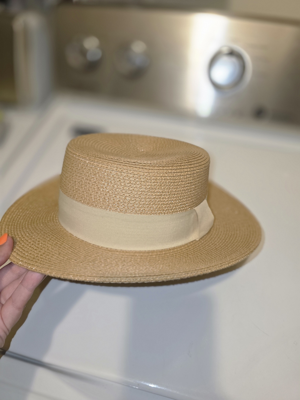 Women's Tan Straw Boater Hat with Cream Band